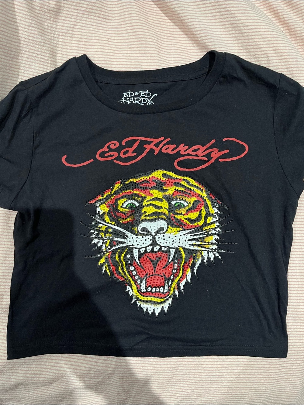 Ed Hardy Cropped Black Tee with Red and Yellow Rhinestone Tiger